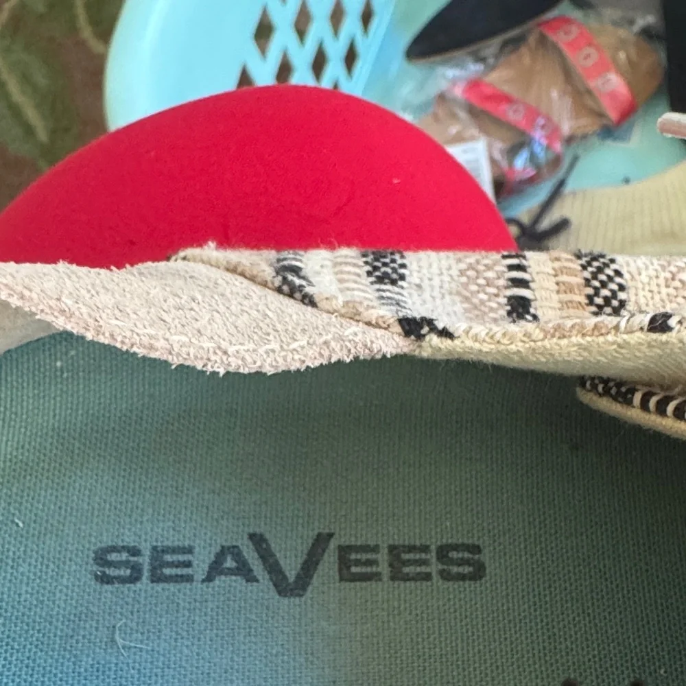 SeaVees Beige and Black Striped Sneakers with Suede Heel.